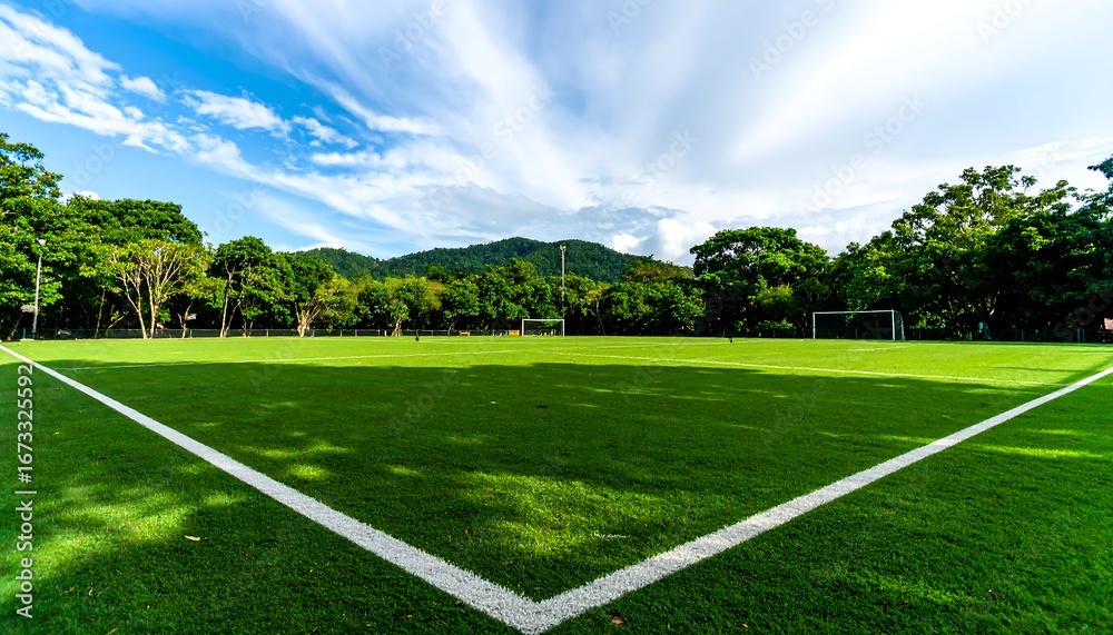 Obraz premium Vast Green Soccer Field with White Lines and Lush Trees Under a Blue Sky.