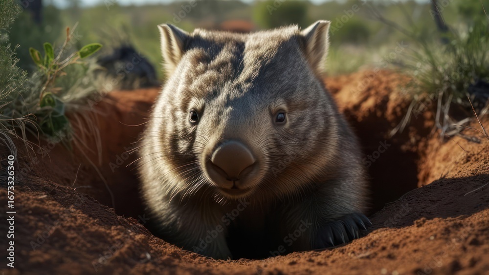 Obraz premium Wombat emerging from burrow