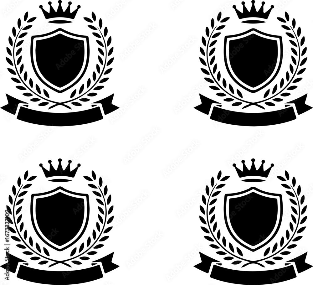 Obraz premium A black and white heraldic shield adorned with a royal crown and laurel wreath