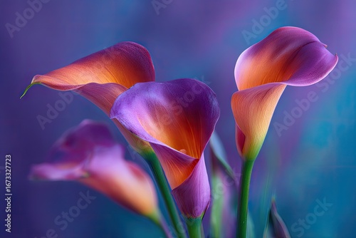 Close-up of three vibrant calla lilies in hues of orange and purple against a blurred purple background