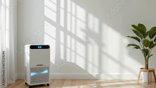 Air purifier sunlight modern clean minimal living room with wooden floor, green plant, digital display, healthy fresh atmosphere, white interior