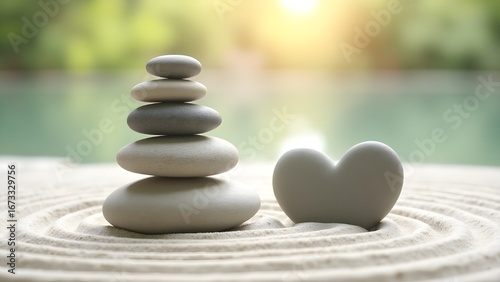 Heart shaped stone and stacked Zen rocks on raked sand symbolizing love balance peace and mindfulness
