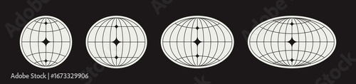 World globe grids in oval form with stars shapes. Linear striped spheres, earth latitude and longitude line grid. Retro futuristic design elements. Vector illustration.