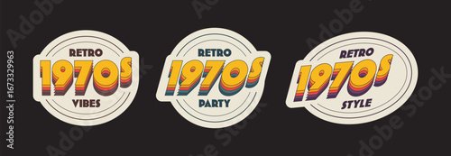 Collection of vintage retro label inspired by 70s aesthetics. Inscription 1970s with bold colourful typography. Can be use for posters, branding, printing and logo
