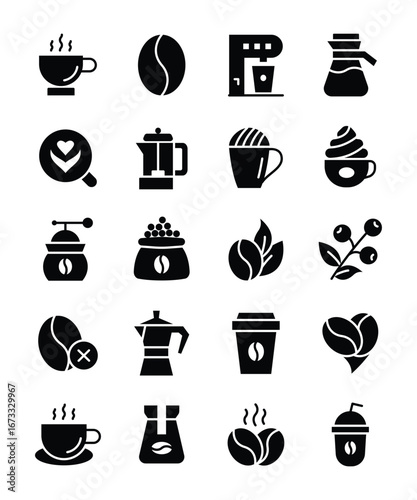Coffee beans, brewing methods, and cafe icons depicting various aspects of coffee culture