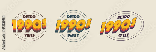 Collection of vintage retro label inspired by 90s aesthetics. Inscription 1990s with bold colourful typography. Can be use for posters, branding, printing and logo
