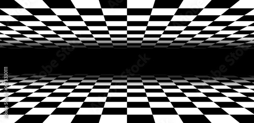 Perspective black and white checkered room that fades into black background. Surface with checkerboard pattern. Ideal for retro, racing or digital themes. Vector illustration
