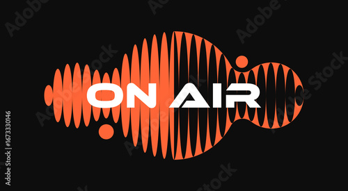 Trendy minimal logo design of abstract orange sound wave pattern with bold text ON AIR on a black background. Modern flat style vector illustration.