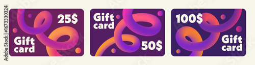 Collection of colourful gift card template with abstract gradient blend lines, featuring 25$, 50$, and 100$ values. Design elements for cover, mockup, banner and business. Vector illustration