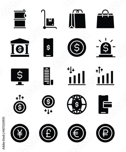 Finance and commerce icons representing global economic activities
