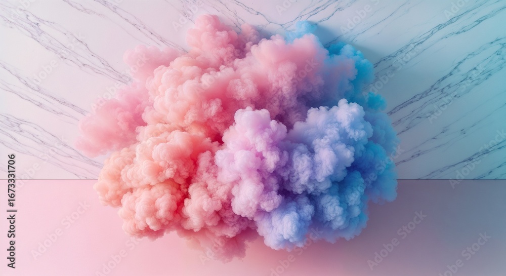 Fototapeta premium Top-Down View of Color-Adaptive Pink Smoke Cloud Against Pastel Turquoise Wall and Matching Floor 