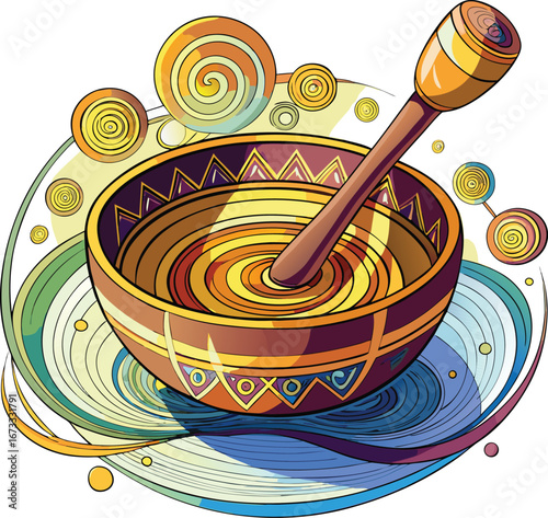 Vibrant Illustrated Singing Bowl with Striker and Abstract Swirling Design Elements