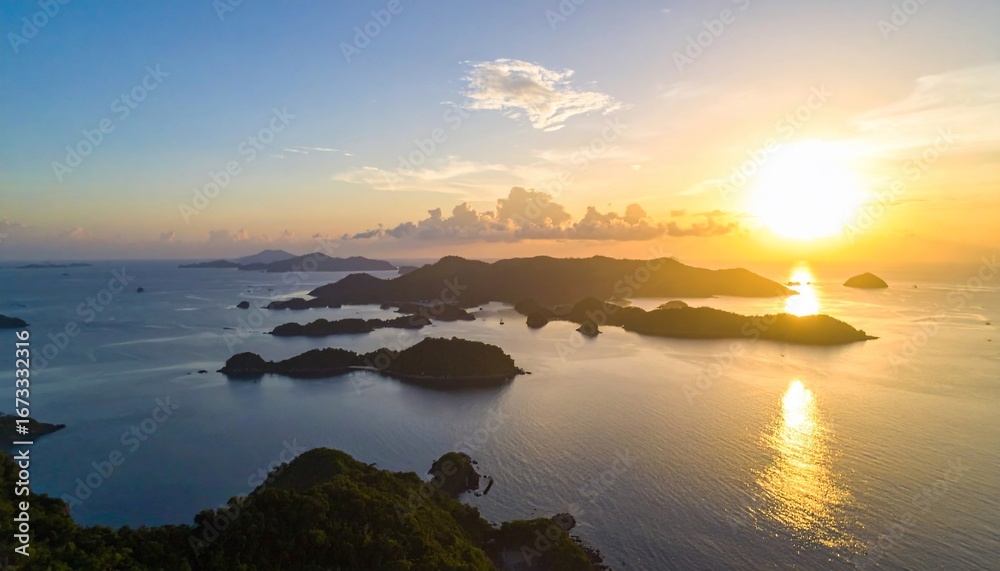 Naklejka premium Golden Sunset over Archipelago: Serene Island Paradise