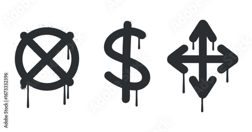 Urban Graffiti Style Vector Set Featuring Circle with Cross, Dollar Sign, and Arrows with Dripping Paint Effect