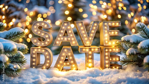 Save the Date Marquee Letters in Winter Snow with Bokeh Lights Background
