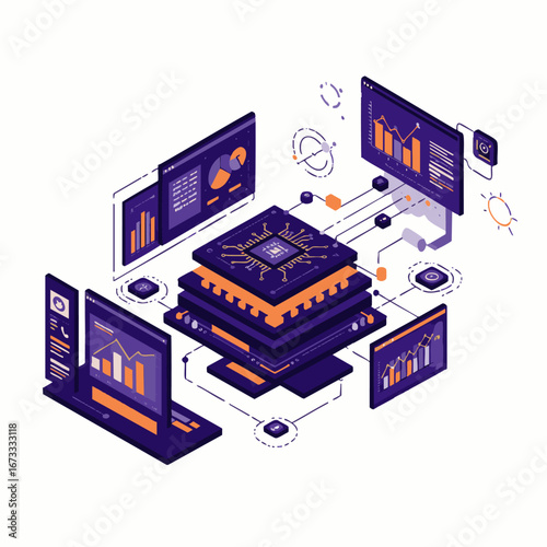 This isometric illustration depicts complex data processing and analytics within a modern technological infrastructure, showcasing interconnected systems and digital information flow.