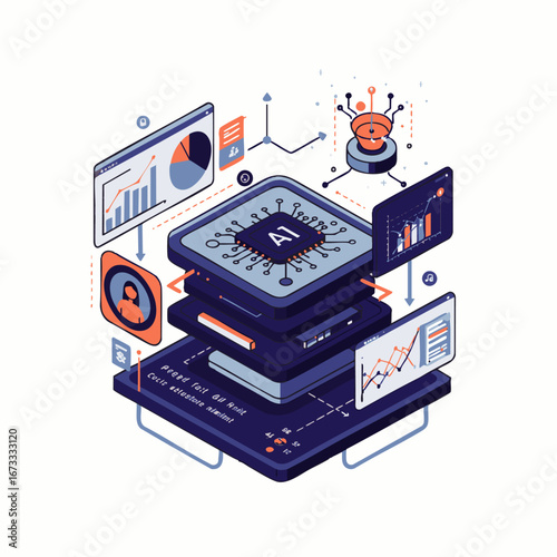 A modern isometric illustration visualizes artificial intelligence processing vast data within a sophisticated technological infrastructure, showcasing advanced analytics.