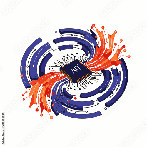 A central microchip is depicted amidst swirling blue and orange data flows, symbolizing advanced artificial intelligence and rapid technological innovation.