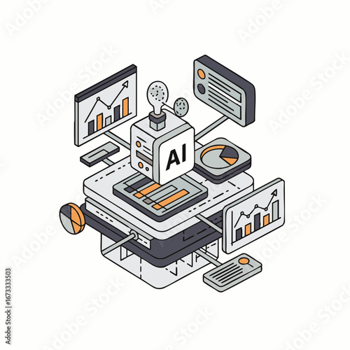 This isometric illustration portrays an artificial intelligence system processing data, surrounded by screens displaying insightful analytics and innovative digital technology.
