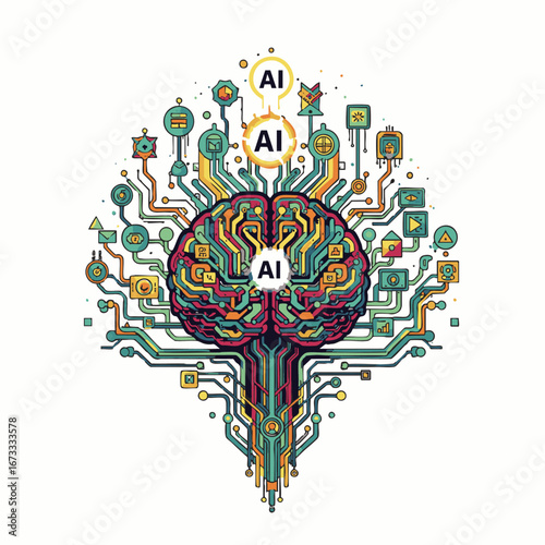A vibrant, intricate illustration depicts a stylized human brain at the heart of a complex digital network, symbolizing artificial intelligence and advanced technology.