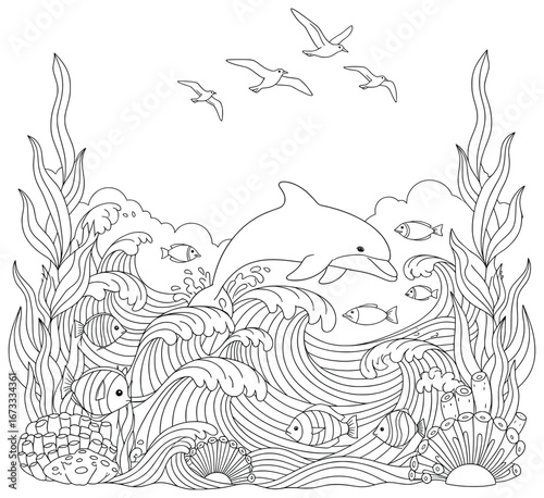 Dolphin vector illustration showing a dolphin swimming in ocean waves with tropical fish, seaweed, shells, and seabirds in the sky in a clean cartoon line art style for coloring projects