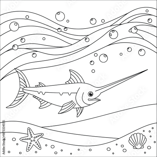Swordfish swimming underwater with bubbles waves starfish and seashell illustrated in bold clean cartoon line art style as a detailed vector design perfect for coloring books educational projects