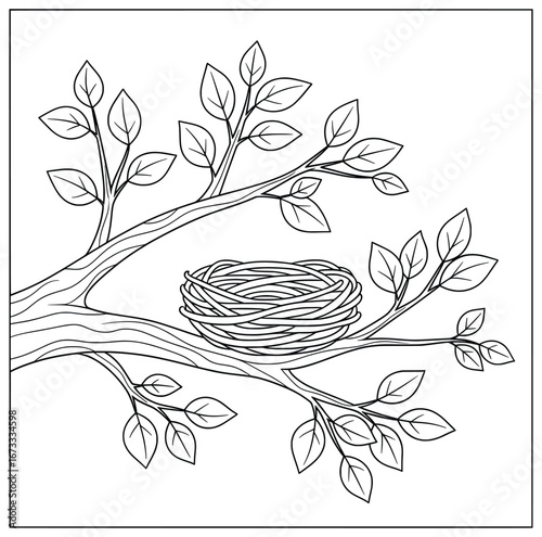 Bird nest resting on a tree branch with leaves illustrated in bold clean cartoon line art style as a detailed vector design perfect for coloring books educational resources creative graphic projects