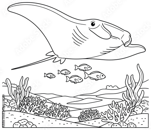 Manta ray swimming underwater above coral reef with fish and ocean plants illustrated in bold clean cartoon line art style as a detailed vector design perfect for coloring books and creative projects