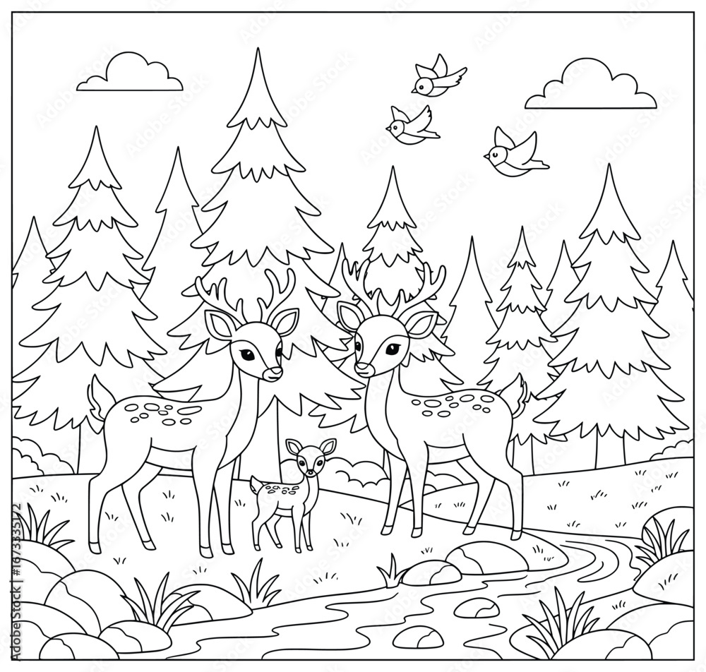 Fototapeta premium Deer vector illustration of a family with two adults and a fawn standing in a forest clearing with pine trees stream rocks grass and birds in a detailed black and white outline drawing