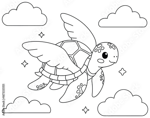 Flying turtle vector illustration of a fantasy animal with wings soaring in the sky among clouds and stars created in a detailed black and white outline drawing