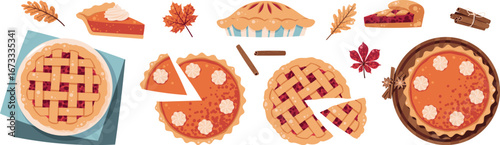 Pies Flat Vector Set. Pumpkin Pie, Berry Dessert, Slices, Cinnamon. Thanksgiving Design for Autumn Stickers, Holiday Cards, Posters, Seasonal Branding. Ideal for Food Blog Graphics, and Festive Decor
