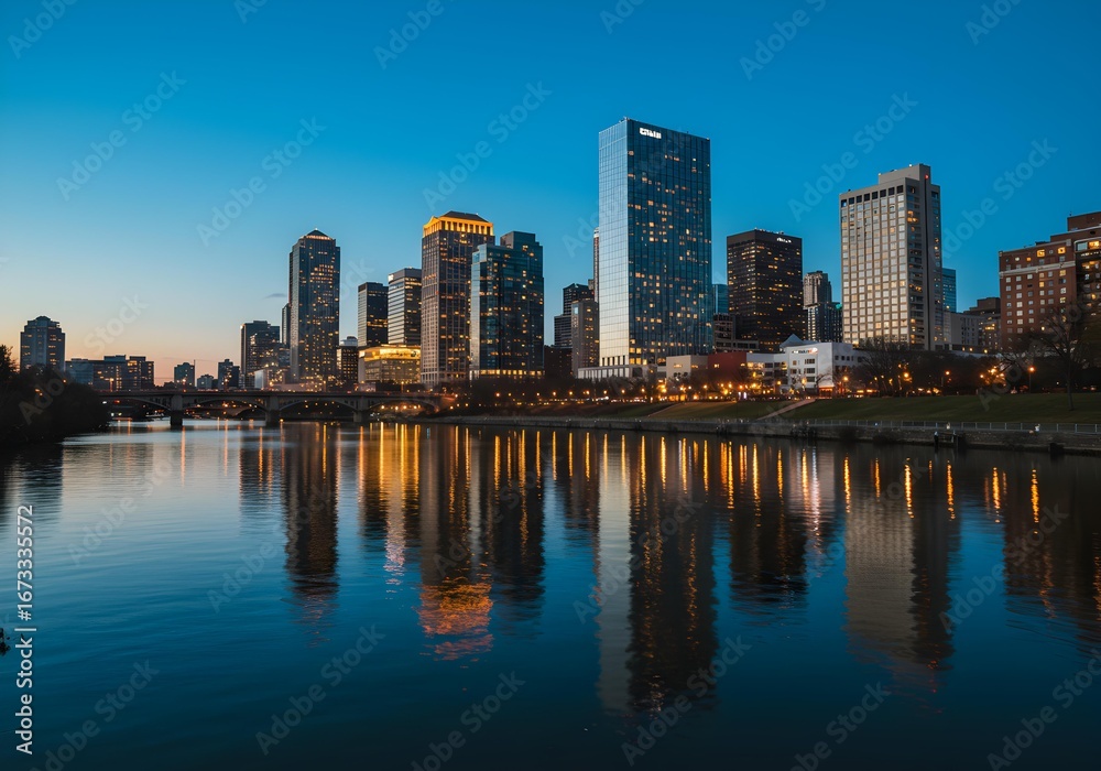 Obraz premium Stunning city skyline at blue hour, with illuminated skyscrapers reflecting beautifully in the calm river.