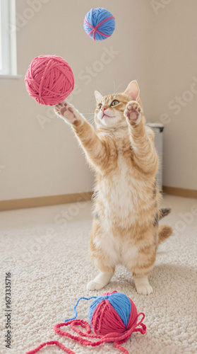 Cute cat with paws raised playfully reaching for colorful yarn balls indoors