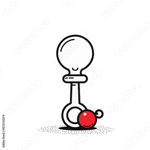 Minimalist baby rattle with red accent on white background, playful design