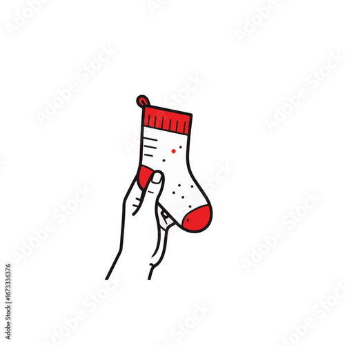 Baby holding red accent sock in minimalist black and white style, innocence