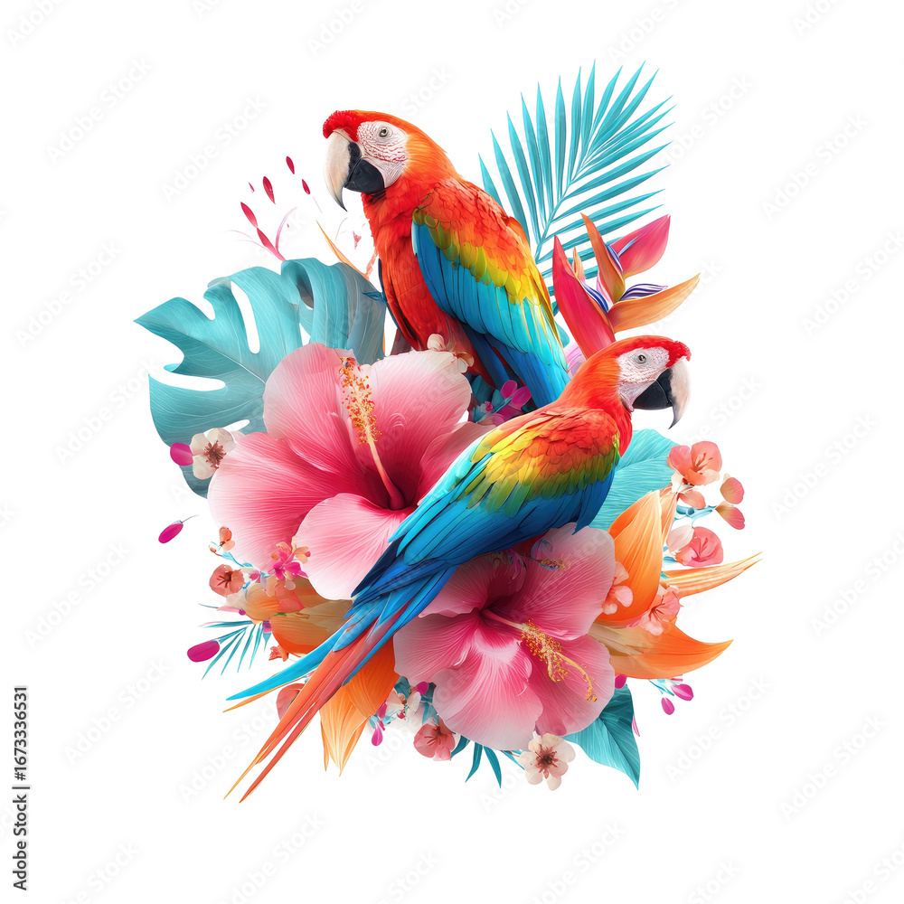 Fototapeta premium Vibrant tropical birds and flowers