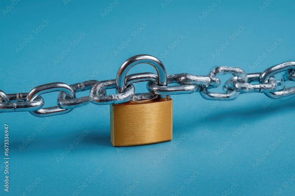 A brass padlock secured by a metal chain against a vibrant blue background A brass padlock secured by a metal chain against a vibrant blue background