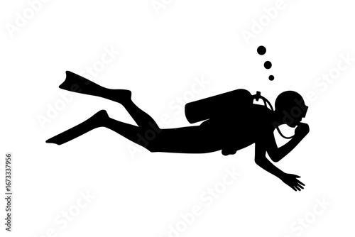 Silhouette of a scuba diver swimming underwater