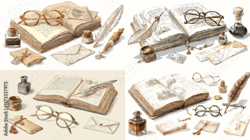 Vintage books and stationery set with ink bottles, glasses, letters, and quills. Perfect for antique design, education, study, history, and literary artwork.
