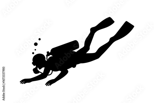 Silhouette of a scuba diver swimming underwater