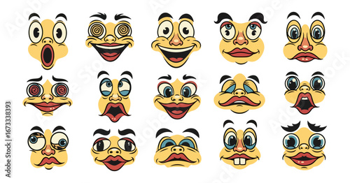 Cartoon faces collection retro style expressions