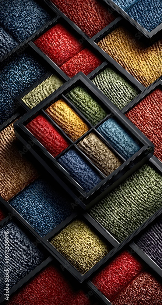 Fototapeta premium Close-up of a multicolored eyeshadow palette, with various shades of red, gold, brown, teal, and green. The palette is arranged diagonally within a complex pattern of textured eyeshadows