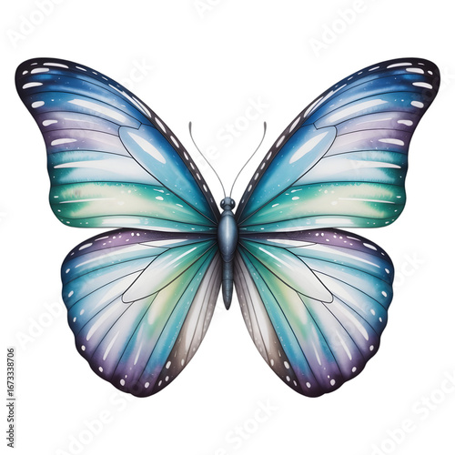 Watercolor butterfly with beautiful blue and purple wings isolated on transparent background, detailed illustration