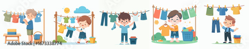 vector of a little boy drying clothes