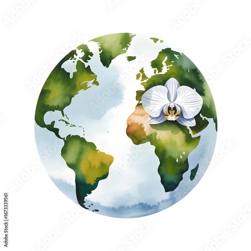 Watercolor illustration of earth globe with orchid isolated on transparent background art