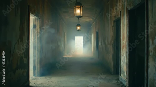Wallpaper Mural Spooky long corridor with hanging lanterns inside a creepy haunted house interior, with fog and light pouring from a distant doorway Torontodigital.ca
