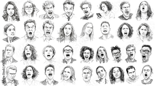 Black and white pencil sketch portraits of people with strong emotional expressions. Perfect for artistic projects, psychology themes, and realistic hand-drawn design.