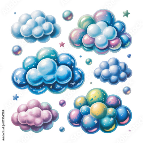 Illustration of colorful bubble clouds and stars isolated on transparent background