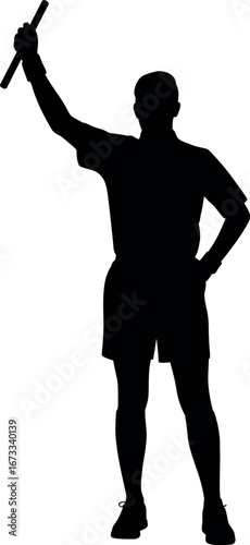 Black silhouette of a sports official holding a baton