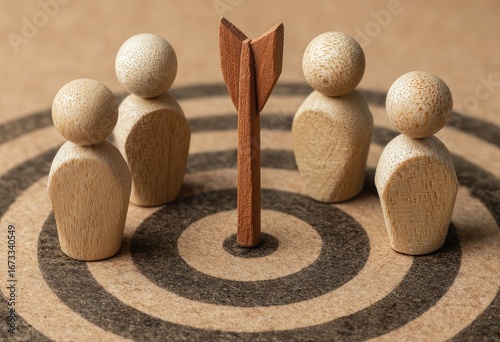 Wooden figures surrounding target, arrow in center